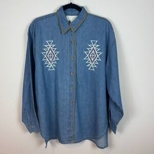 Vintage Contrepoint 90's Embroidered Denim Southwestern Button up Shirt SZ Small